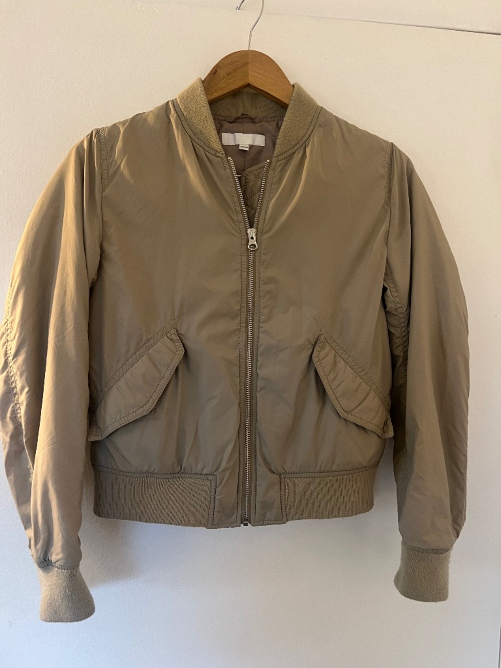 Uniqlo Tan Khaki Bomber Jacket XS Ribbed Collar Zip Up Cropped Utility Coat - Picture 2 of 5